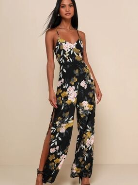 Lulu's Black Floral Wide-Leg Jumpsuit with Pink & Olive Blooms
